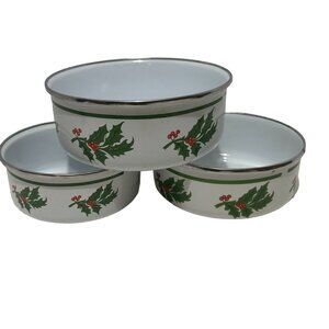 Holiday Enamelware Christmas Bowls Set 3 Piece Holly Design Silver Trim Dishes